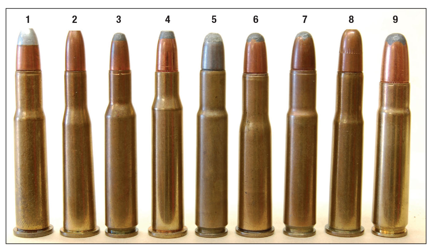 Competitors of the (1) .30-30 Winchester included the (2) .25-35 Winchester, (3) .25 Remington, (4) 7-30 Waters, (5) .30 Remington, (6) .303 Savage, (7) .32 Remington, (8) .32 Winchester Special and (9) .35 Remington. Only the .35 Remington is seen today.
